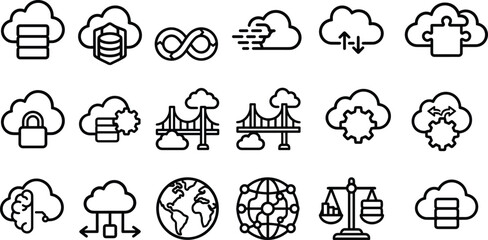 Fototapeta premium Cloud computing network outline icon set, featuring digital database, security, and global server architecture.