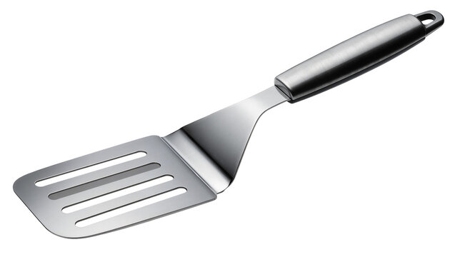 Isolated shiny metal kitchen spatula with slotted blade, essential cooking tool for turning and serving