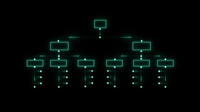 Organization chart with hierarchy structure of teams and employees in company. Business process and workflow automation with flowchart. Business and technology concept. syan neon tool box animated.