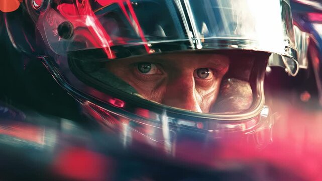 Professional race car driver wearing a protective helmet during a high speed competition, focused eyes visible through the clear visor, motion blur