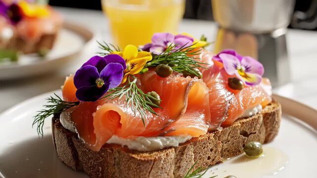 Gourmet smoked salmon toast on toasted sourdough bread with cream cheese, garnished with fresh dill, green capers, and purple edible flowers served on a white ceramic plate.