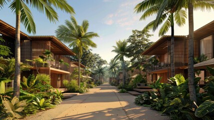 Fototapeta premium Tropical residential street lined with modern wooden houses and palm trees, surrounded by lush greenery and sandy pathways under a clear blue sky