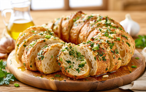 Fresh sliced artisan sourdough bread with garlic, cheese on wooden board. Green parsley, olive oil garnish homemade food.
