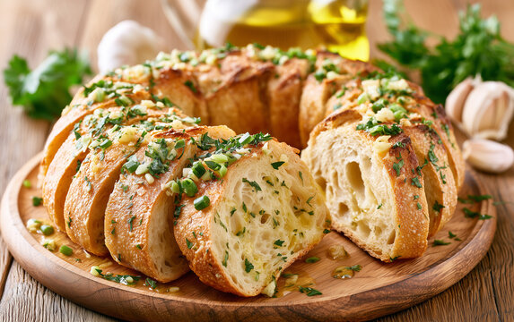 Fresh sliced artisan sourdough bread with garlic, cheese on wooden board. Green parsley, olive oil garnish homemade food.