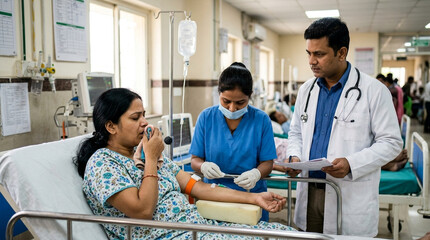 Obraz premium Doctor and nurse caring for patient in hospital ward, medical infusion