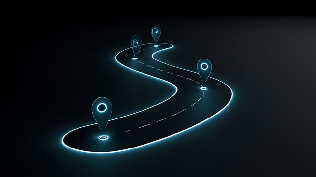 Neon glowing road path with location pin markers. Concept of digital travel planning and logistics tracking.