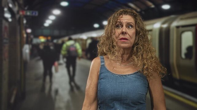 Woman with outstretched arm and fist near mouth gesturing angrily on station platform inside building; frustration commuting stress.
