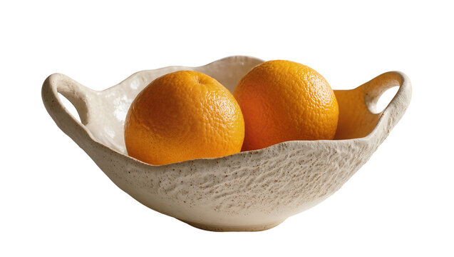 Isolated fresh ripe oranges in a rustic handcrafted ceramic fruit bowl with handles