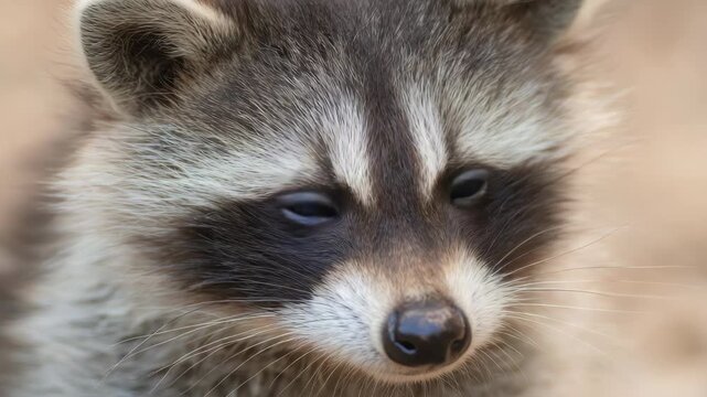 Close up portrait of a cute raccoon looking at the camera, detailed fur texture and expressive eyes in a natural wildlife setting, high resolution
