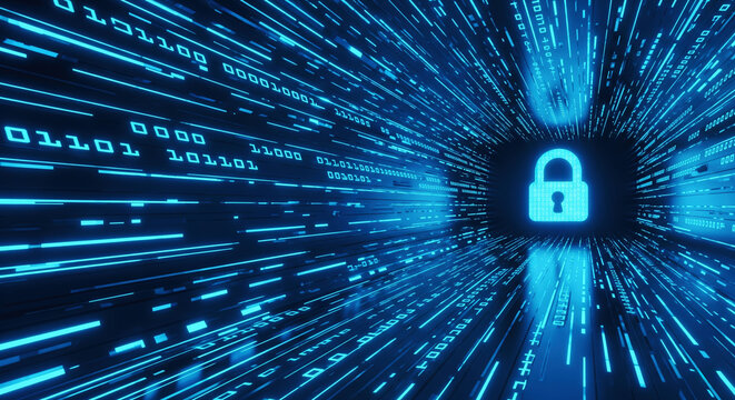 Glowing pad lock icon in binary code tunnel with glowing data streams. Concept of cyber security and digital data protection.