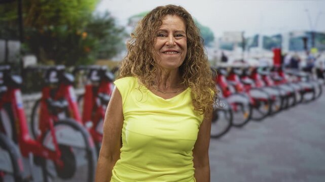 Middle age hispanic woman in yellow top clapping hands and smiling before a row of docked bicycles on street; joyful gratitude.