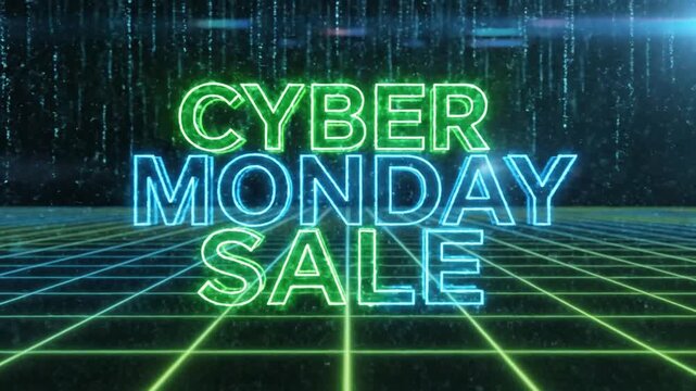 Neon Cyber Monday Sale text over retro futuristic digital grid