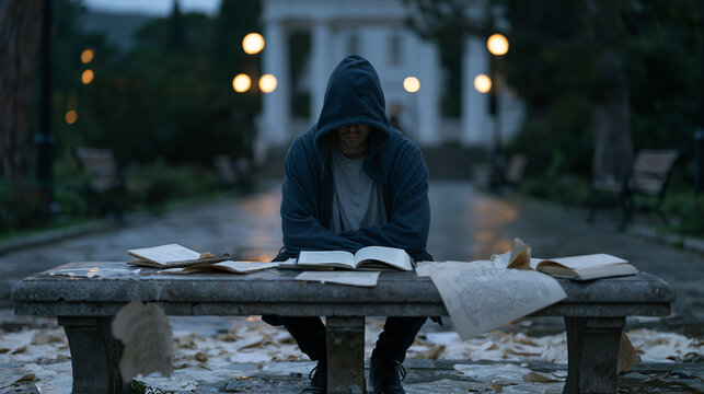 A ghostwriter seated at a rain-slicked park bench under brooding overcast skies, manuscript pages scattered after a sudden gust, the aftermath of creative collapse captured in wet