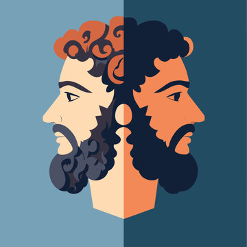 Side profile illustration of two bearded men's faces split in half