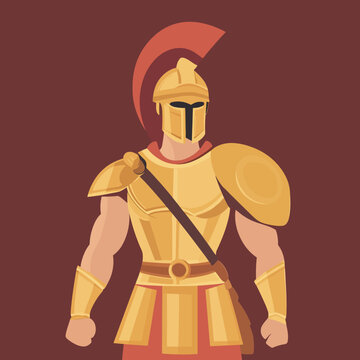 Gladiator warrior in armor with helmet and shield ready for battle
