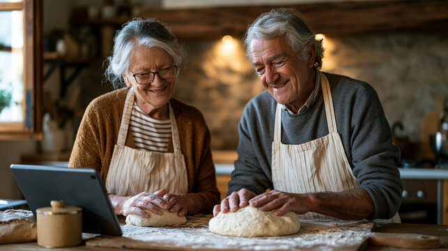 A grandmother and her husband sit side by side in a quiet rural kitchen kneading sourdough dough together, a tablet propped against the flour tin showing a video call with faraway