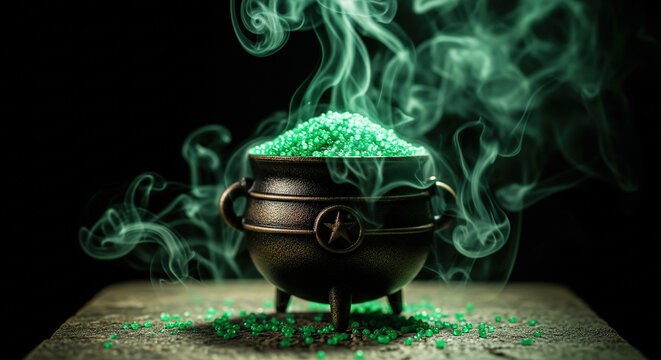 Small black magic cauldron filled with glowing green magic potion and smoke. Concept of witchcraft and alchemy potion.