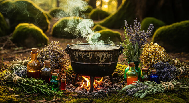 Magic potion cauldron boiling over fire with herbs and glass bottles in forest. Concept of witchcraft and herbal medicine.