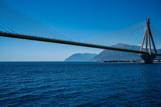 Rio Antirrio Bridge with Mountains and Nafpaktos Coast in Greece