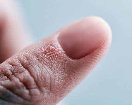 An extreme macro photograph captures a human fingertip and natural fingernail against a soft blue background.