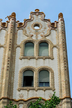 Close-up of the decorative gable and pinnacle towers on the Postal Savings Bank building facade in Budapest, Hungary