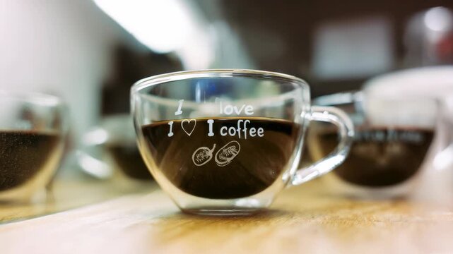 Glass coffee cup with I love coffee text on wooden table in cafe setting, close up shot of a warm beverage in a transparent mug for morning