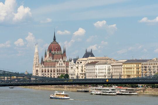 Aerial view of the Hungarian Parliament Building and cityscape seen from Castle Hill in Budapest, Hungary