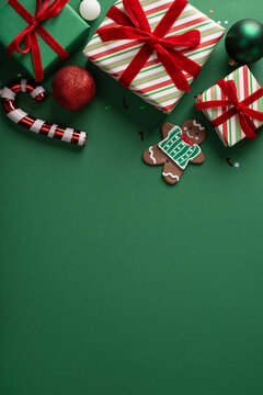 Christmas gifts and gingerbread cookie with ornaments on green vertical background for Merry Christmas Happy New Year