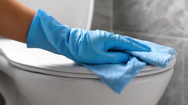 Person wearing blue rubber gloves cleaning a white toilet seat with a cloth in a bathroom setting for professional hygiene and sanitation service
