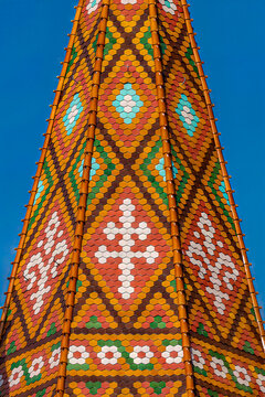 Close-up of colorful Zsolnay ceramic tiles covering the B&eacute;la Tower of Matthias Church in Budapest, Hungary