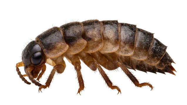 Isolated macro photograph of a brown glow-worm larva with segmented body and legs, profile view.
