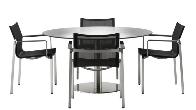 Isolated modern metal conference table and four stylish black mesh office chairs studio shot