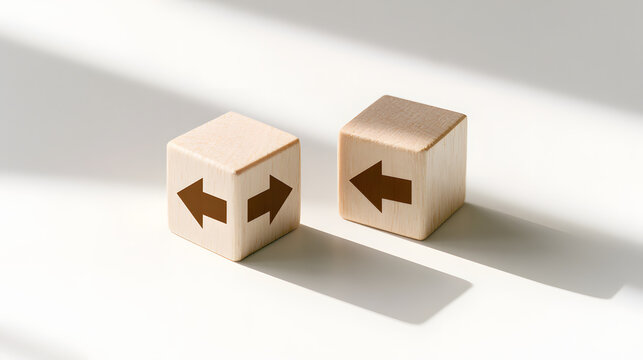 Two wooden blocks with opposite arrow symbols facing each other on a bright white background with soft daylight exchange and change concept, transfer, swap, direction, simple