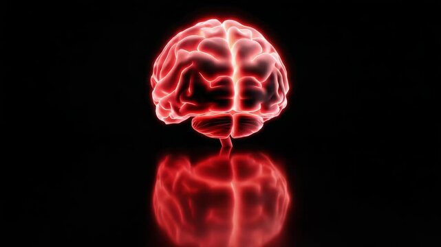Human brain anatomy 3D animation showing glowing red neural activity and cognitive function on a reflective black background for medical science