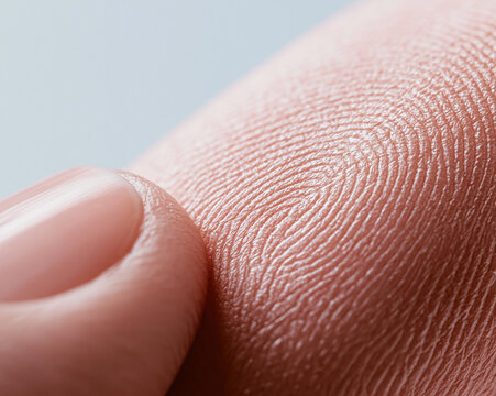 An extreme macro photograph captures one fingertip gently pressing against another, revealing intricate fingerprint ridges.