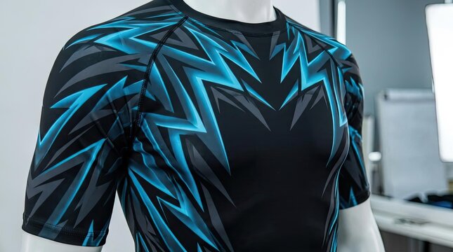 Black compression top with blue geometric jagged patterns.