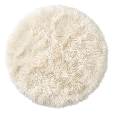 White fluffy round sheepskin rug hide on black background
