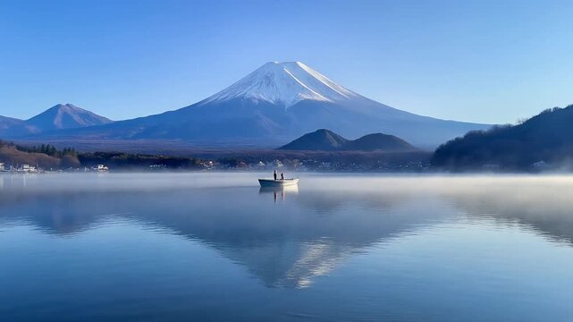 穏やかな湖面に富士山が鮮明に映り一艘の小舟が朝霧の中に浮かぶ静かで癒やされる風景