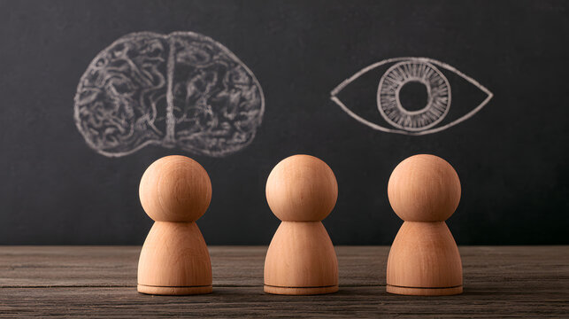 Wooden figures gaze at the chalkboard, symbolizing thought and perception.
