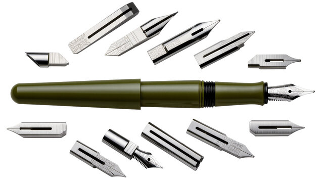 Isolated disassembled fountain pen with interchangeable metallic nibs and intricate components