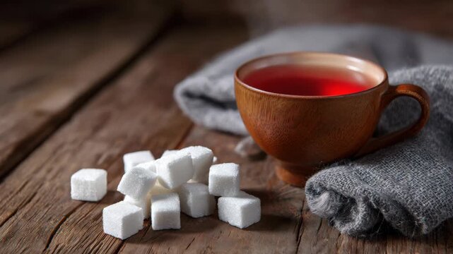 Steaming hot red tea in wooden cup with white sugar cubes on rustic dark wooden table background for cozy morning breakfast beverage concept clip
