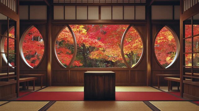 円形の丸窓いっぱいに広がる紅葉と木製台座が静寂な和室に侘び寂びと品格を添える空間