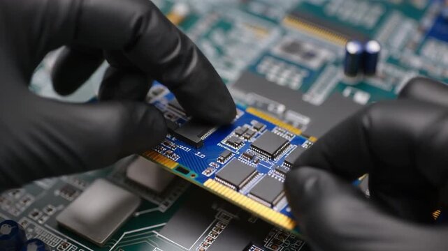 黒い静電防止手袋が複数のメモリチップを載せた青色基板を慎重につまむ精密作業