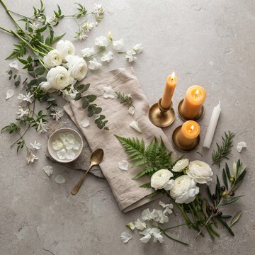 An elegant flat lay features a collection of delicate white flowers, eucalyptus leaves, and olive branches artfully arranged around two lit beeswax candles and a bronze spoon resting on a linen cloth.