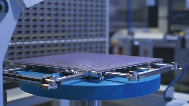 青色ステージに薄いシリコンウェハーが固定され金属機構が囲む高度な半導体製造設備