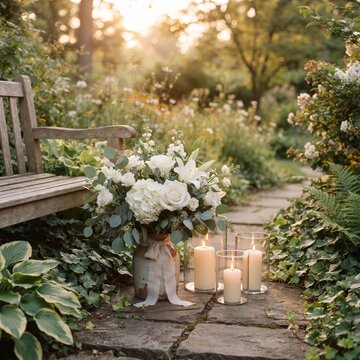 A serene garden scene unfolds at twilight, featuring a rustic wooden bench beside a stone pathway adorned with a delicate bouquet of white flowers and flickering pillar candles.