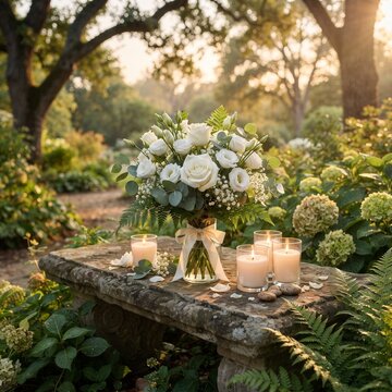 An elegant bouquet of white roses and delicate baby's breath, accompanied by glowing candles, rests on an antique stone bench in a tranquil garden, bathed in the soft, ethereal light of dawn.