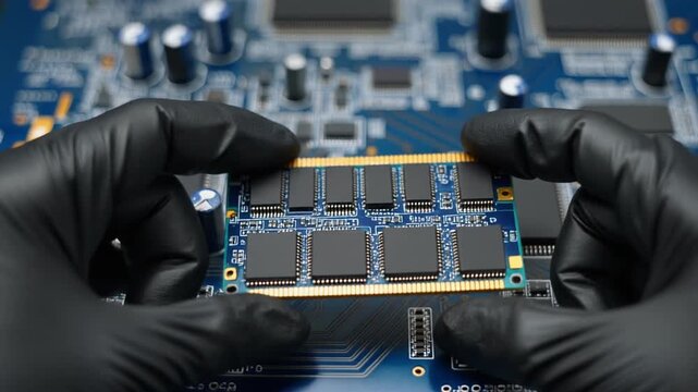 黒い静電防止手袋が黒いメモリチップの並ぶ青色基板を掲げる先進的な研究開発の場面