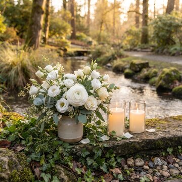 A serene arrangement of white flowers and flickering candles rests on a moss-covered stone beside a gentle stream, evoking a sense of tranquility and natural beauty in a woodland setting.