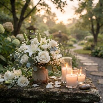 An elegant arrangement of white roses and lilies, accompanied by flickering candles, creates a serene and romantic atmosphere in a lush garden setting at dawn.